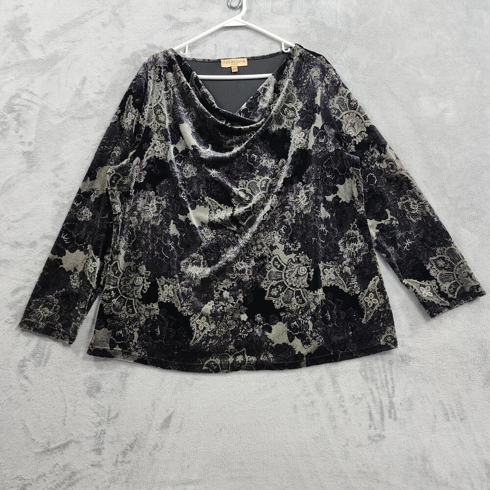 Vintage Notations Top Womens 3X Black Floral Velour Velvet Cowl Neck Long Sleeve